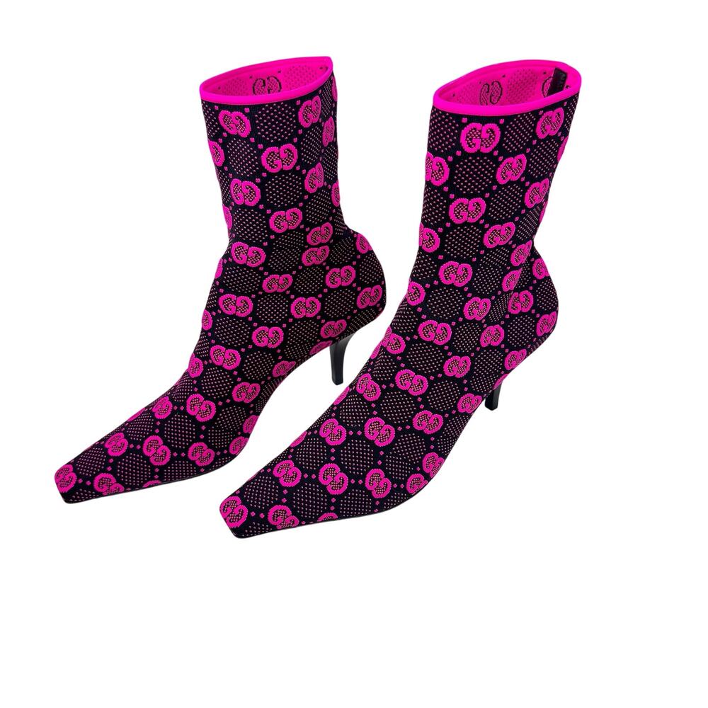 Gucci Technical GG Jersey Tom Boots Pink Black Neon Fuchsia Monogram Booties 42 - Picture 3 of 8